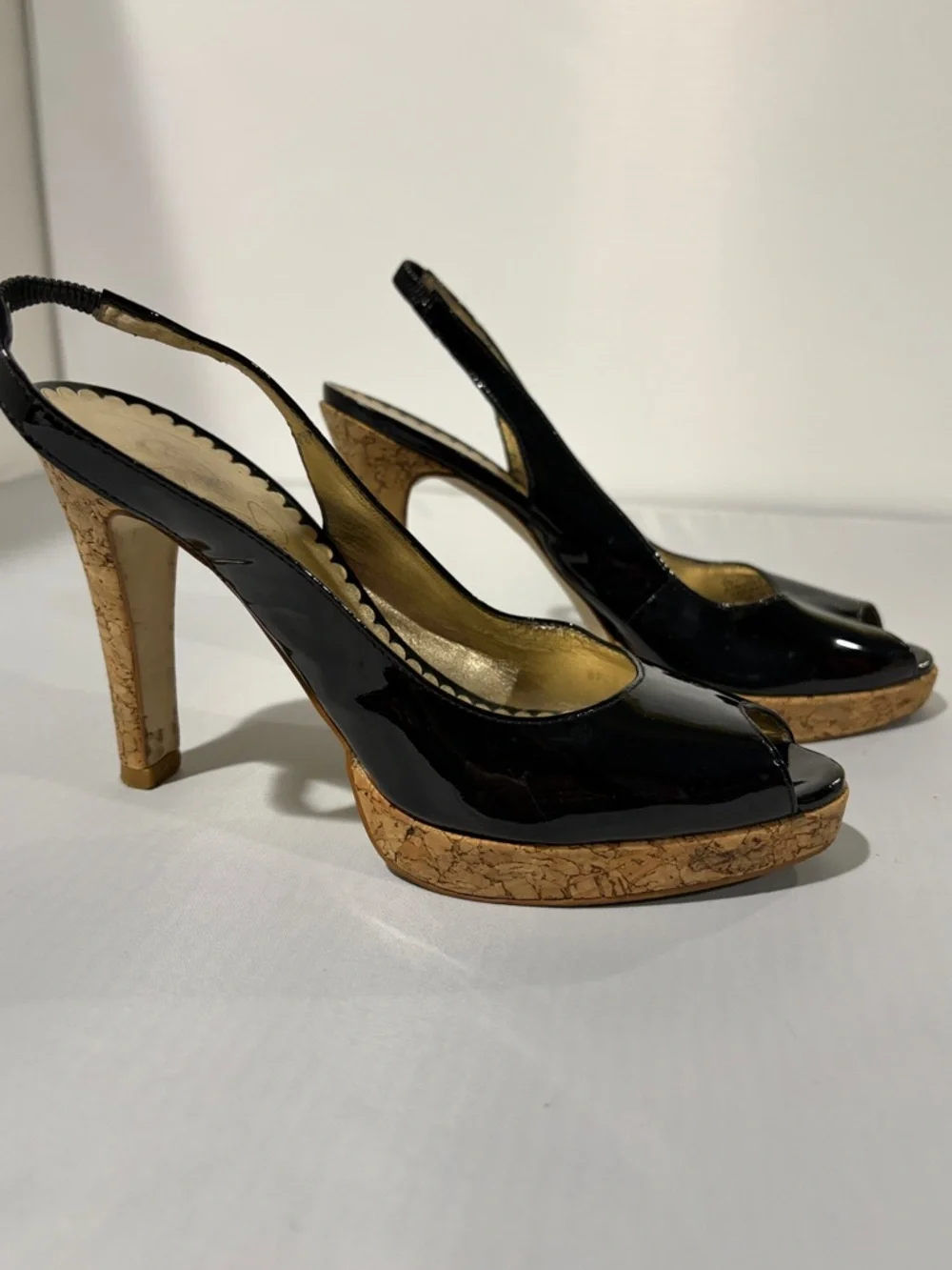Jessica Simpson Black Patent Slingback Wedge Sandals with‎ Cork Platform